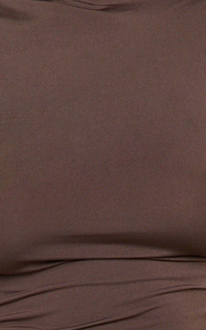 Tallulah Mini Dress - High Neck Side Ruched Cut Out Dress in Chocolate