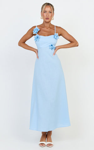 Ondine Midi Dress- 3D Flower Strappy Dress in Blue