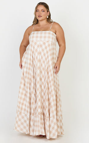 Katrien Maxi Dress - Strappy Empire Waist Flare Dress in Beige and White Check