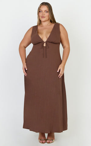Silvena Midi Dress - V Neck Tie Front A Line Dress in Chocolate