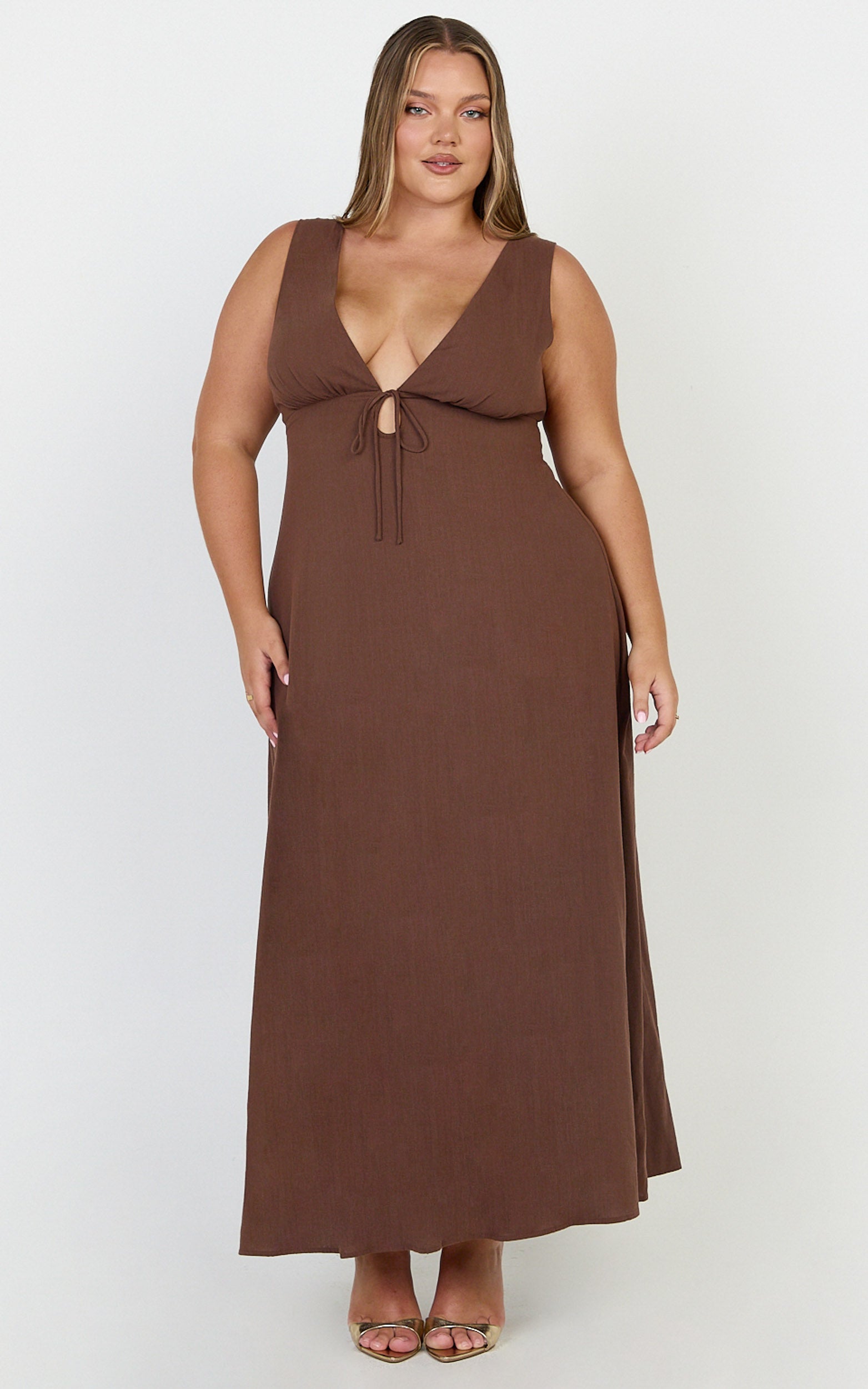 Silvena Midi Dress - V Neck Tie Front A Line Dress in Chocolate
