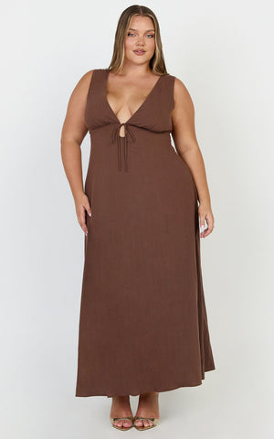 Silvena Midi Dress - V Neck Tie Front A Line Dress in Chocolate
