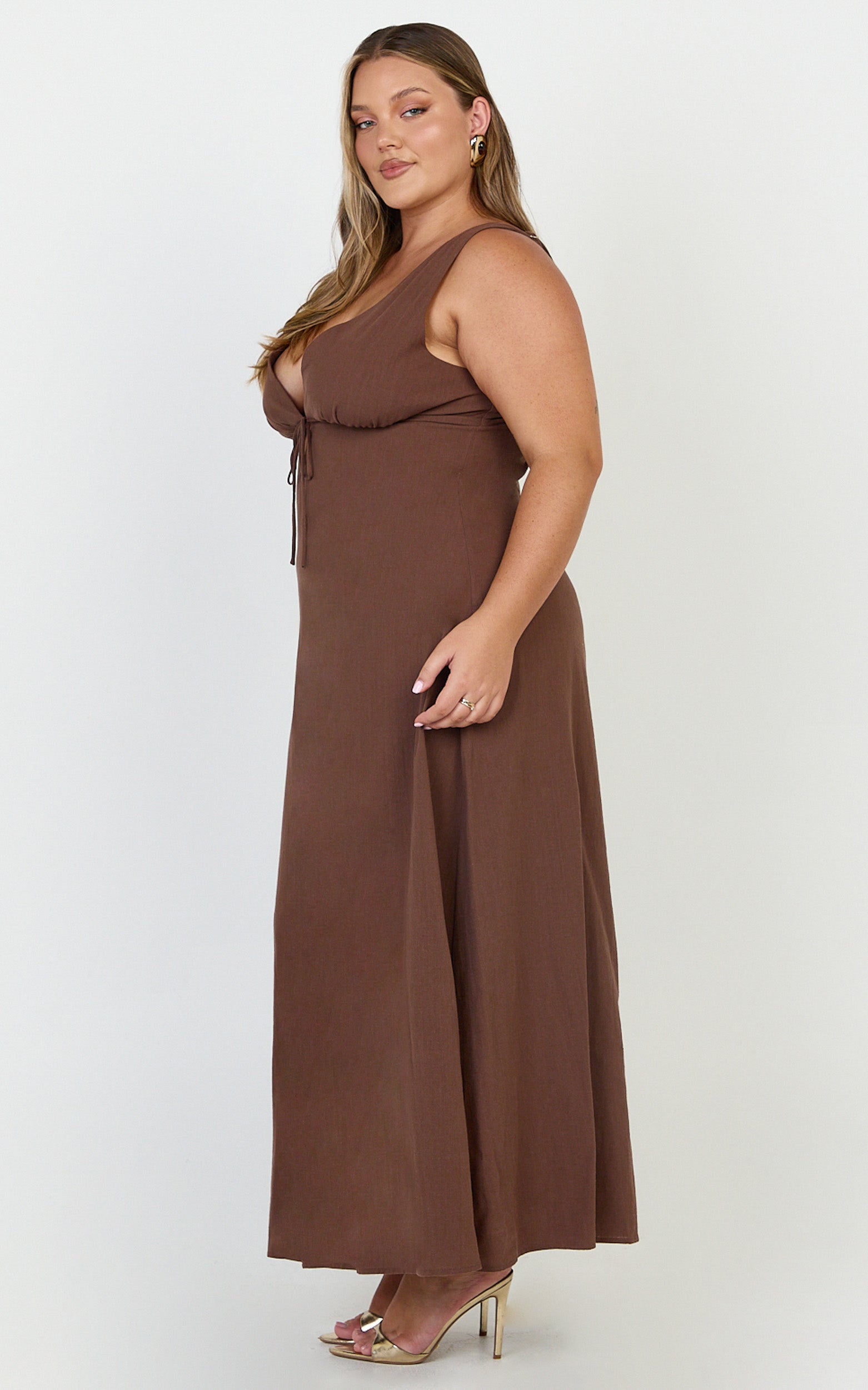 Silvena Midi Dress - V Neck Tie Front A Line Dress in Chocolate