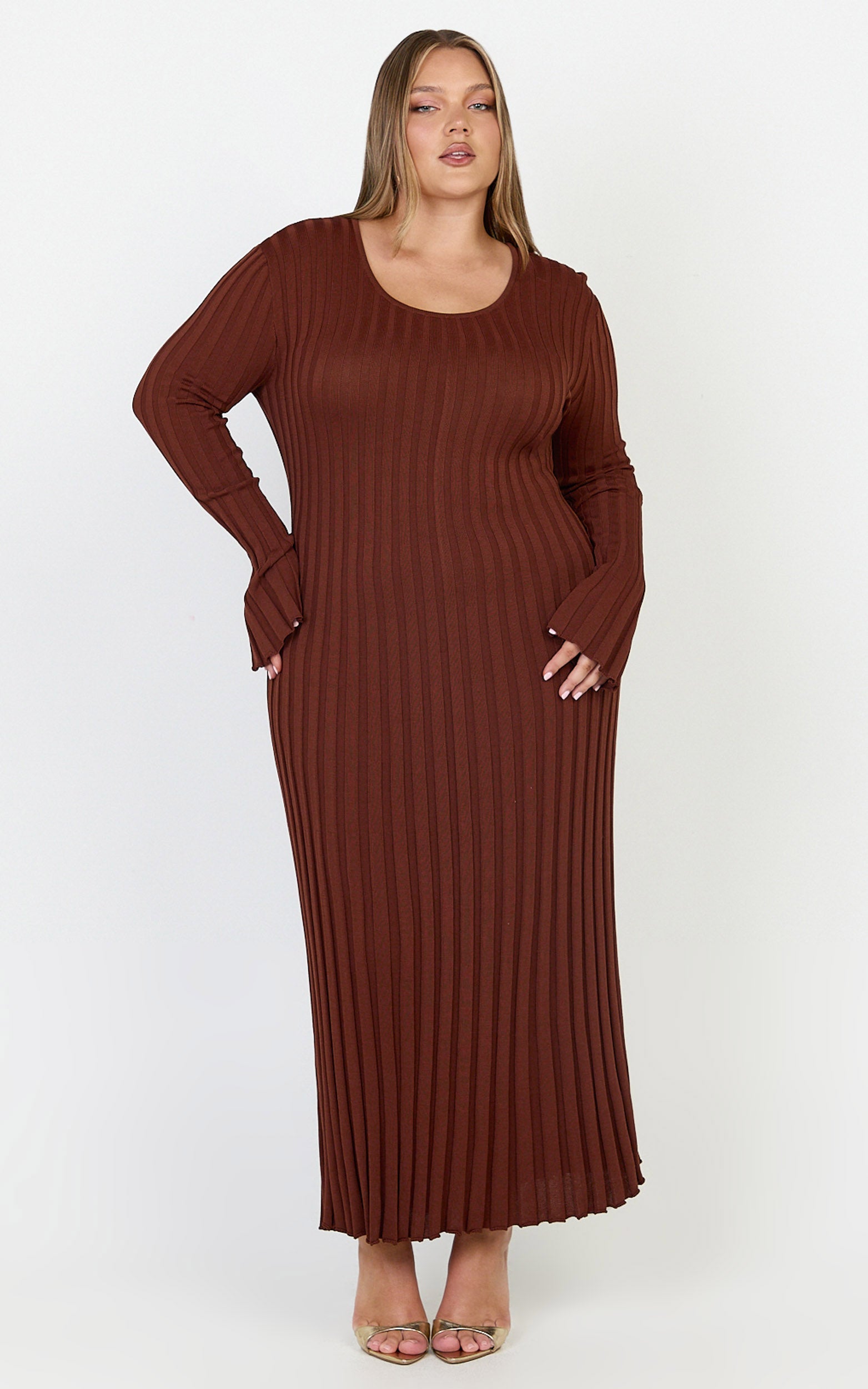 Blaire Midi Dress - Long Sleeve Tie Back Flare Dress in Chocolate