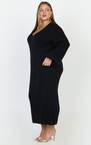 Kartia Midi Dress - V Neck Knit Dress in Black