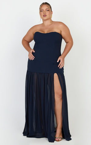 Jocelyn Maxi Dress - Strapless Ruched Fit And Flare Dress in Navy