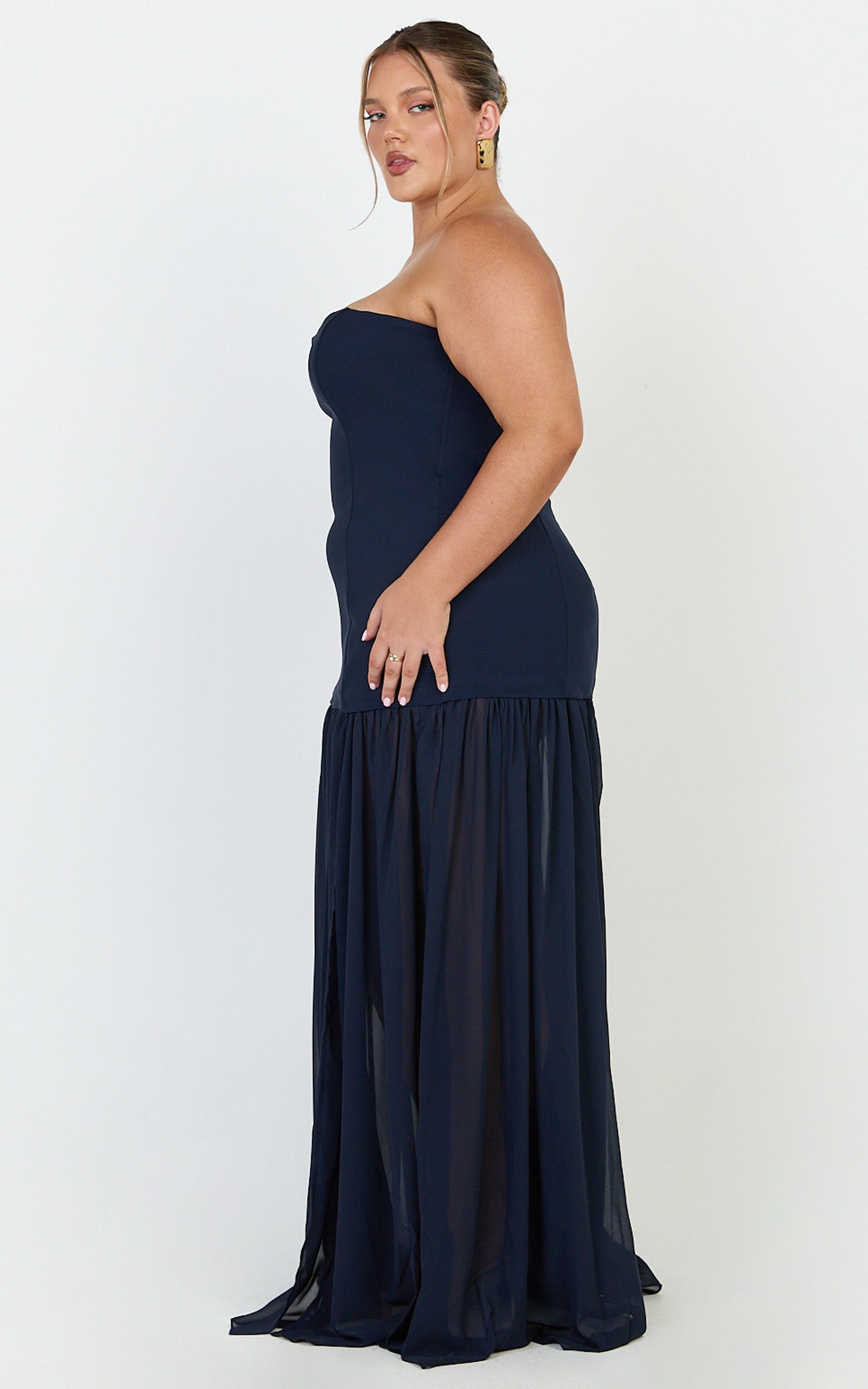 Jocelyn Maxi Dress - Strapless Ruched Fit And Flare Dress in Navy
