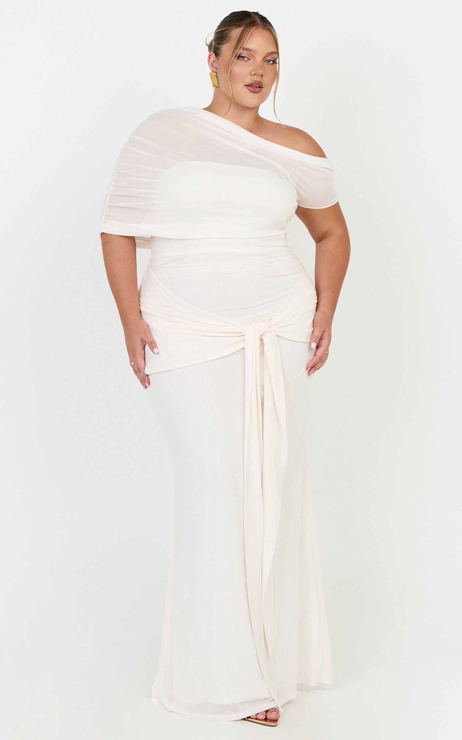 Nicolette Maxi Dress - Cape Sleeve Off Shoulder Dress in Cream