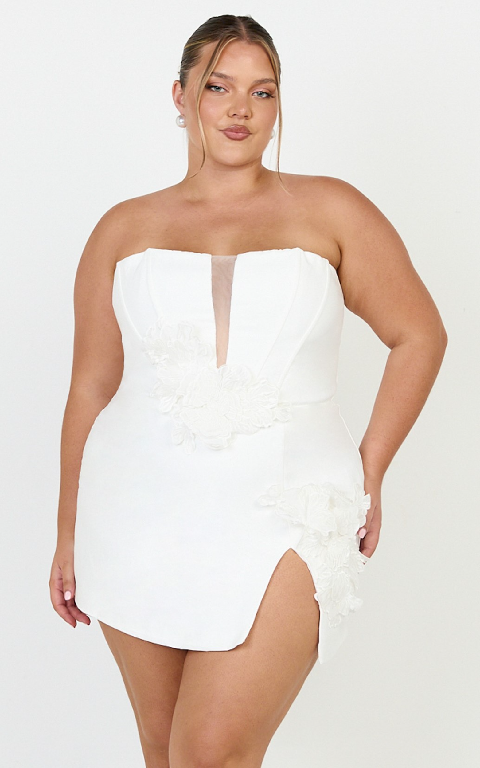 Dolores Mini Dress - Strapless Plunge Bodycon Leg Split Dress in White
