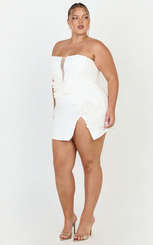 Dolores Mini Dress - Strapless Plunge Bodycon Leg Split Dress in White