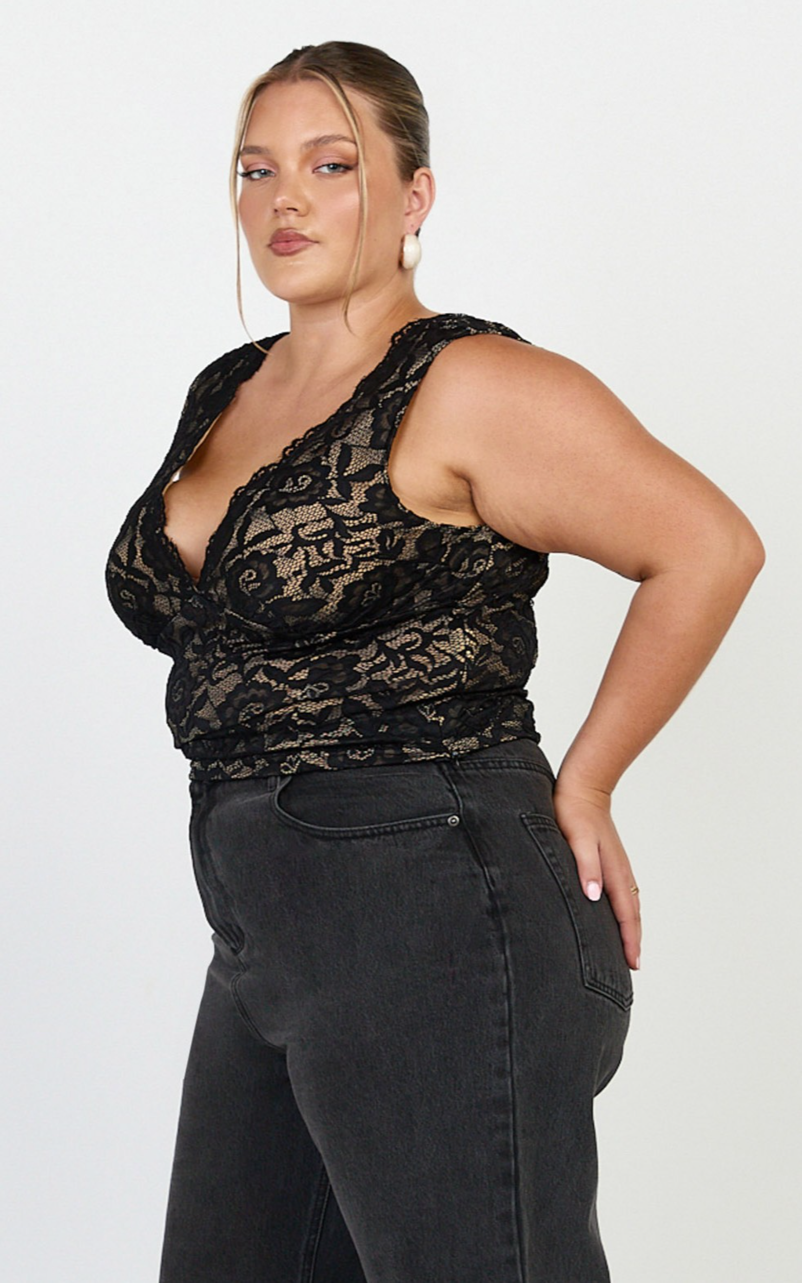 Antonia Top - V Neck Lace Detail Top in Black