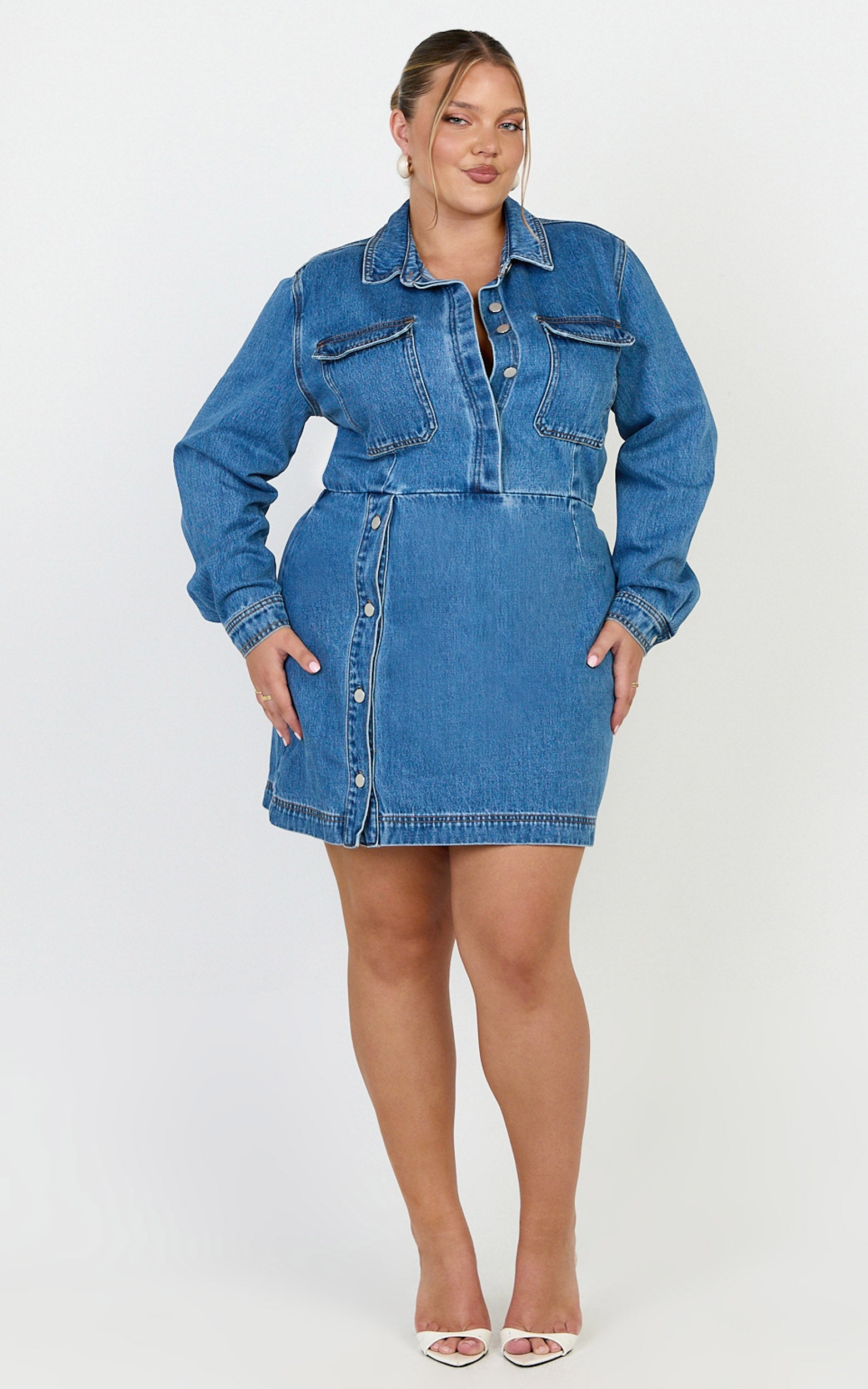 Ainsley Mini Dress - Button Through Long Sleeve Denim Dress in Mid Blue Wash