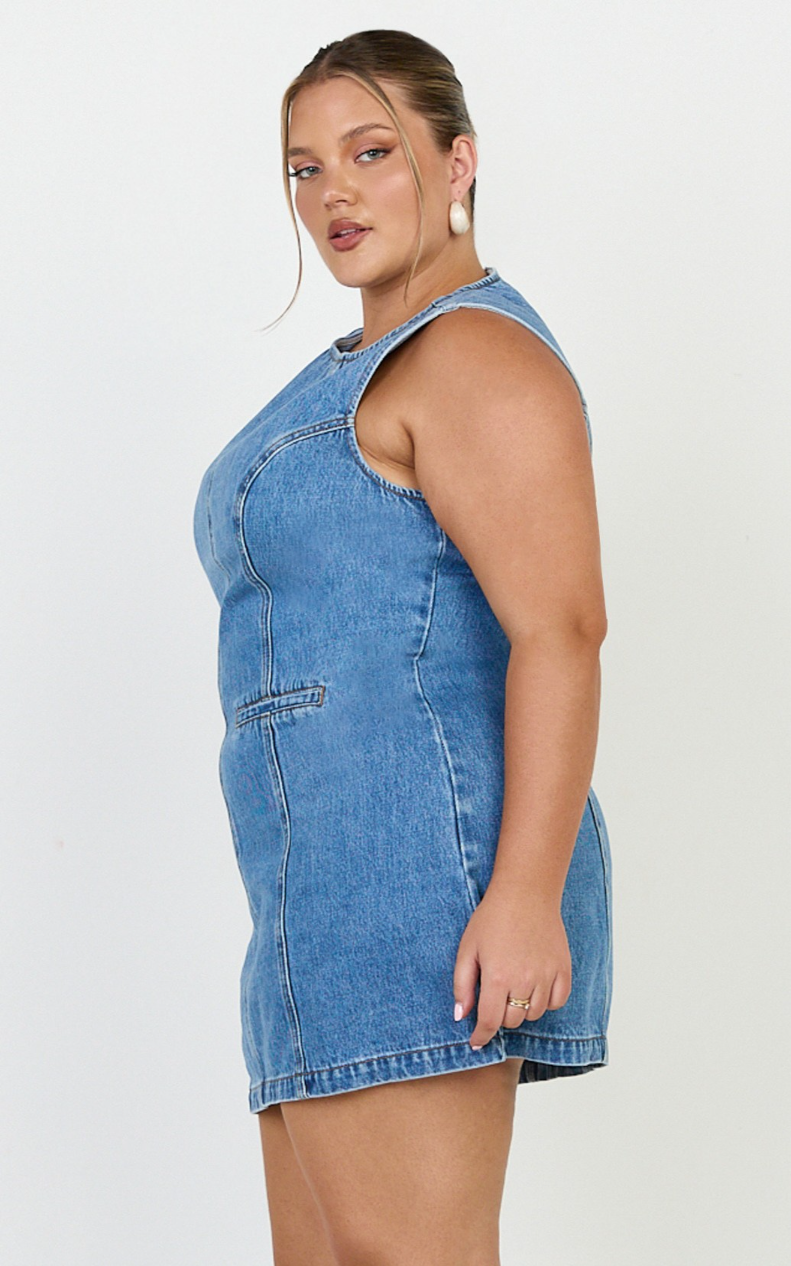 Olenna Mini Dress - High Neck Fitted Denim Dress in Mid Blue Wash