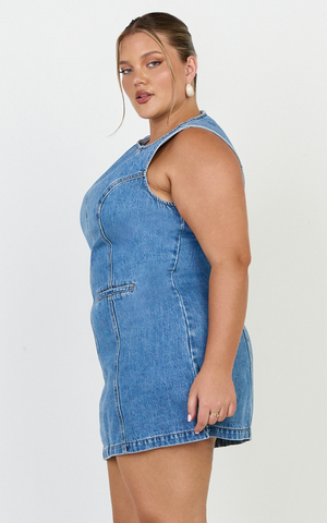 Olenna Mini Dress - High Neck Fitted Denim Dress in Mid Blue Wash