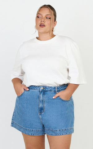 Rhianna Shorts - Mid Waist Recycled Denim Shorts in Mid Blue Wash
