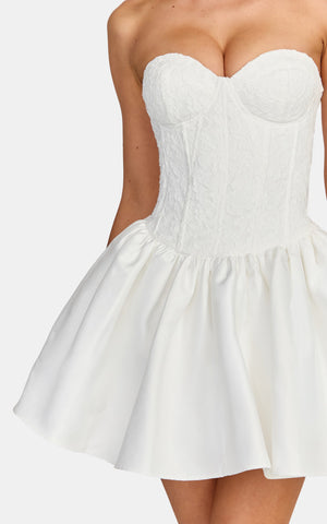 Elsie Mini Dress - Strapless Sweetheart Neckline Lace Dress With Corset Bodice And Lace Up Back in White