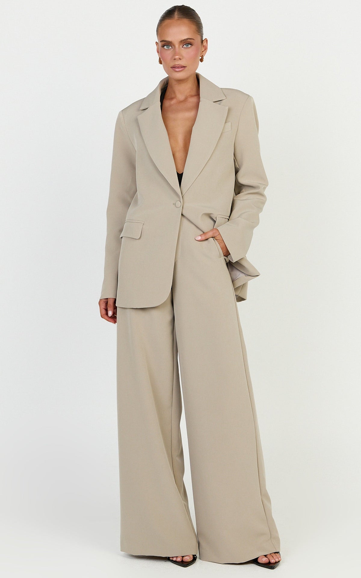 Selena Pants - High Waisted Wide Leg Tailored Pants in Neutral