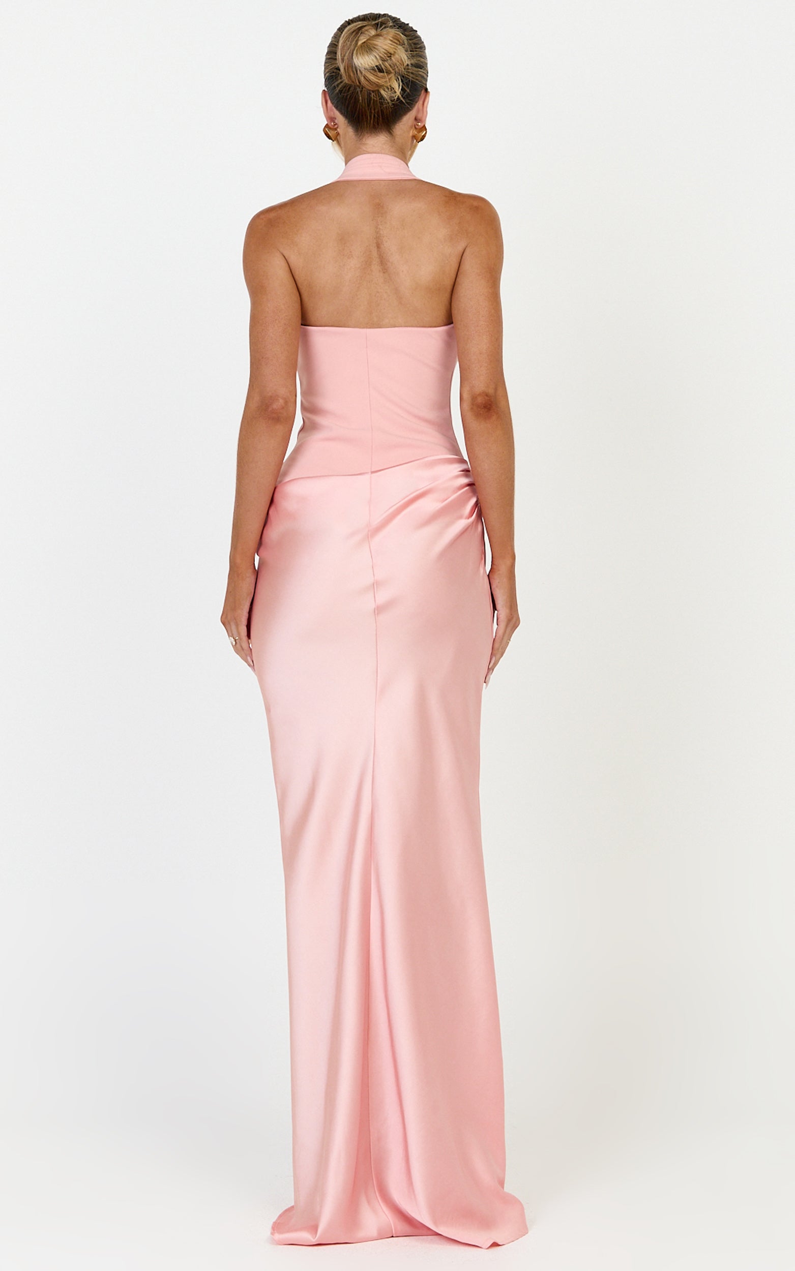 Solene Maxi Dress - Halter Neck Draped Cowl Waist Dress in Pink