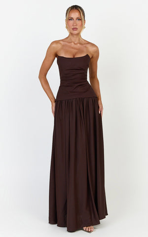 Marlowe Maxi Dress - Strapless Gathered Bodice Fit And Flare Dress in Chocolate