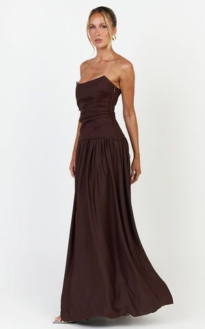 Marlowe Maxi Dress - Strapless Gathered Bodice Fit And Flare Dress in Chocolate