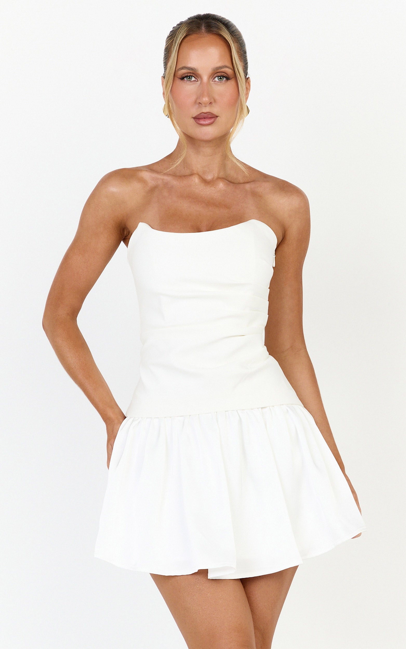 Marlowe Mini Dress - Strapless Gathered Bodice Fit And Flare Dress in White
