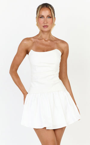 Marlowe Mini Dress - Strapless Gathered Bodice Fit And Flare Dress in White