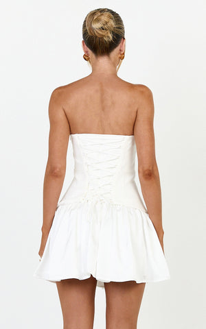 Marlowe Mini Dress - Strapless Gathered Bodice Fit And Flare Dress in White