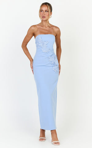 Moana Maxi Dress - Strapless Floral Embellished Structured Column Dress in Soft Blue
