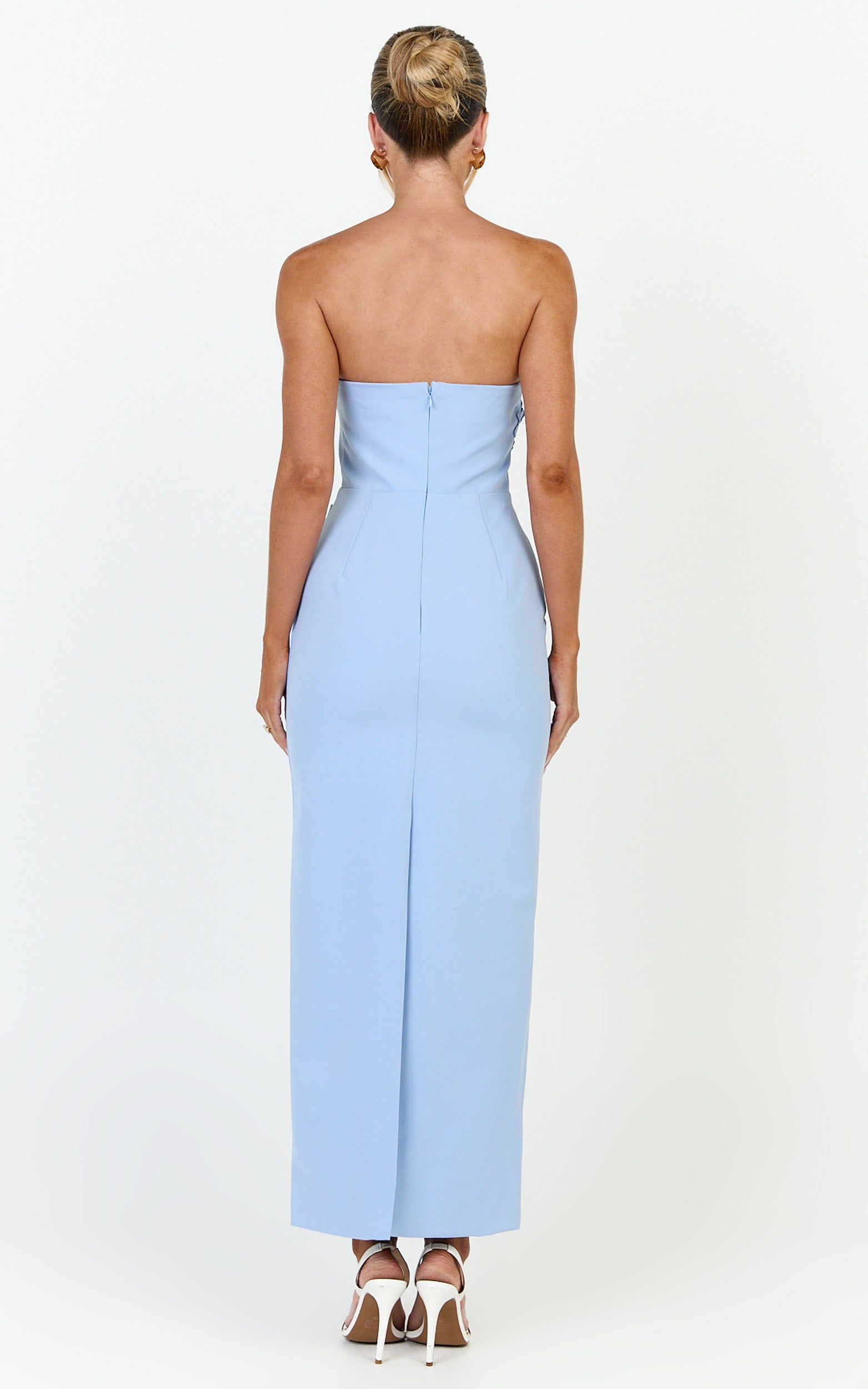 Moana Maxi Dress - Strapless Floral Embellished Structured Column Dress in Soft Blue