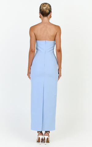 Moana Maxi Dress - Strapless Floral Embellished Structured Column Dress in Soft Blue