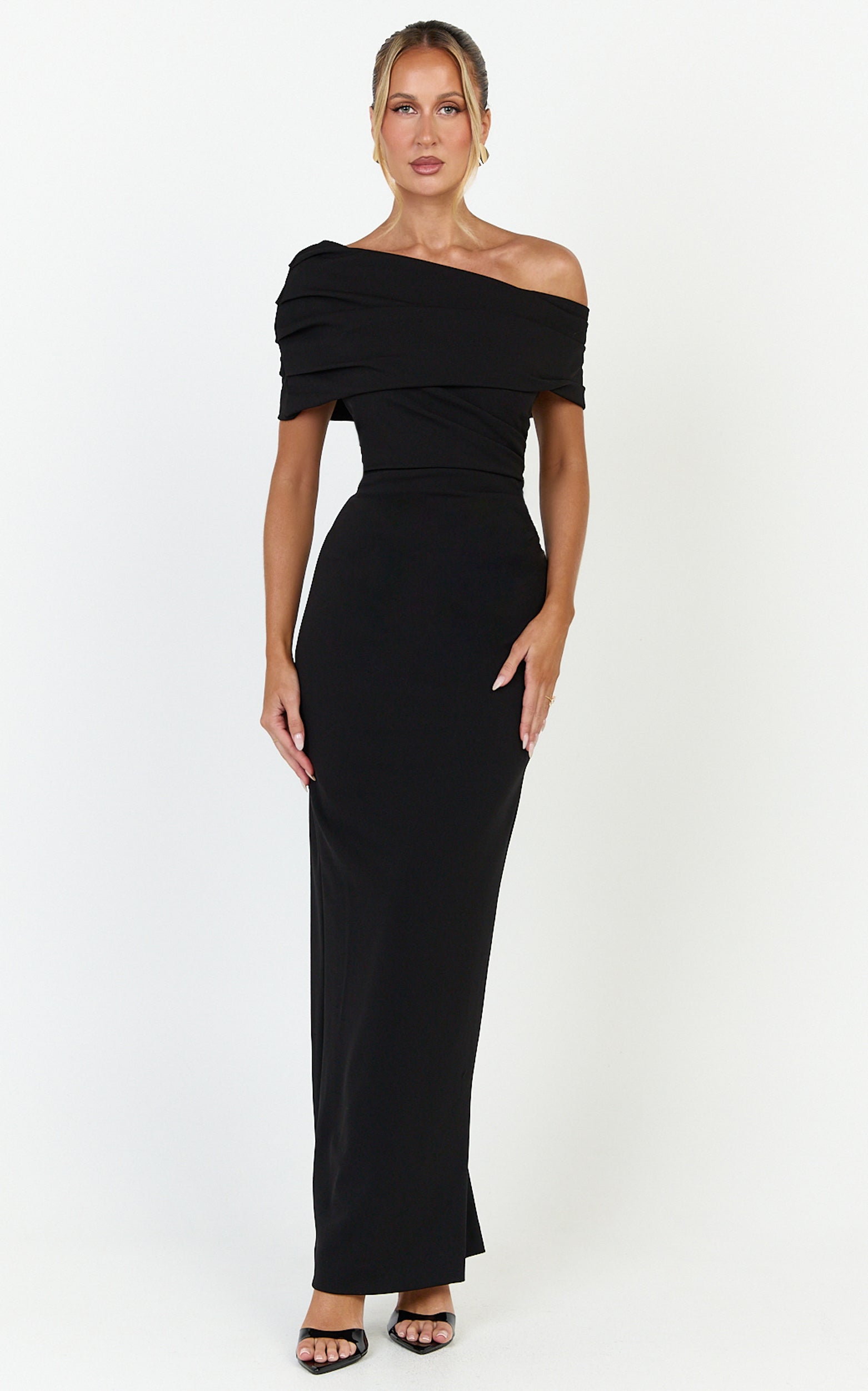 Ottilie Maxi Dress - Pin Tucked One Shoulder Fitted Dress in Black
