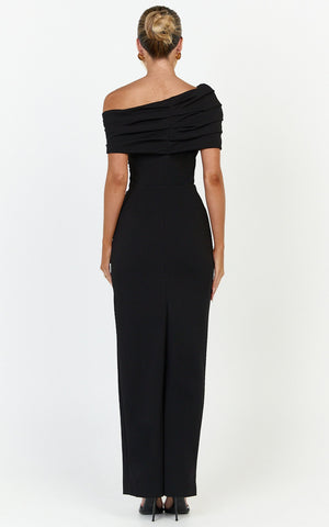 Ottilie Maxi Dress - Pin Tucked One Shoulder Fitted Dress in Black