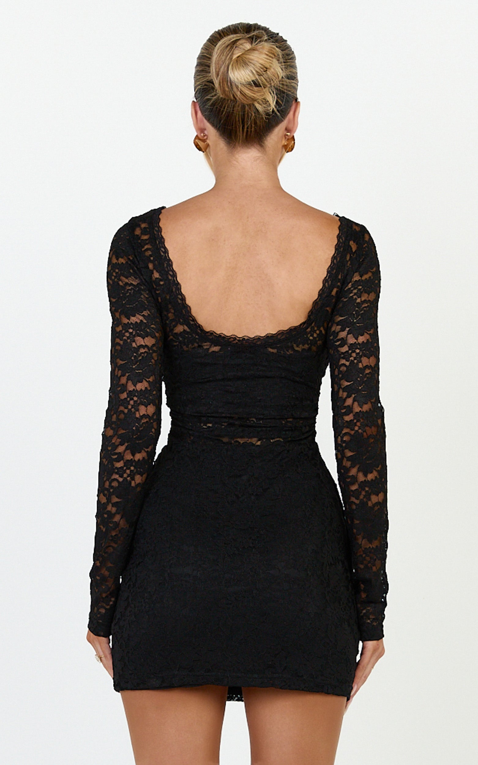 Skye Mini Dress - Lace Long Sleeve Draped Skirt Dress in Black