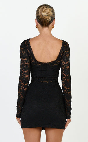 Skye Mini Dress - Lace Long Sleeve Draped Skirt Dress in Black