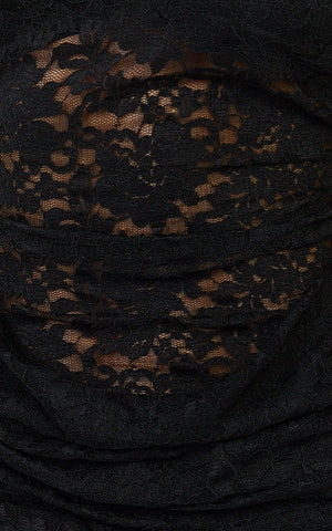Skye Mini Dress - Lace Long Sleeve Draped Skirt Dress in Black