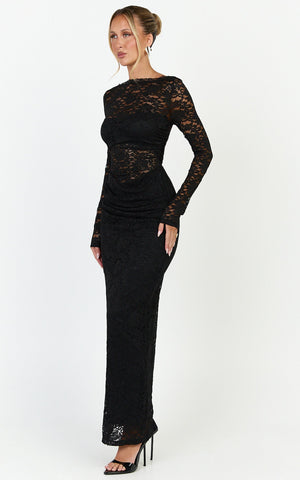 Skye Maxi Dress - Lace Long Sleeve Draped Waist Dress in Black