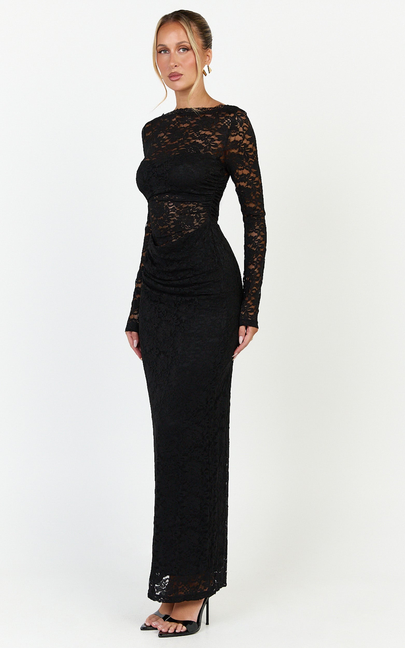 Skye Maxi Dress - Lace Long Sleeve Draped Waist Dress in Black