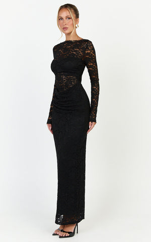 Skye Maxi Dress - Lace Long Sleeve Draped Waist Dress in Black