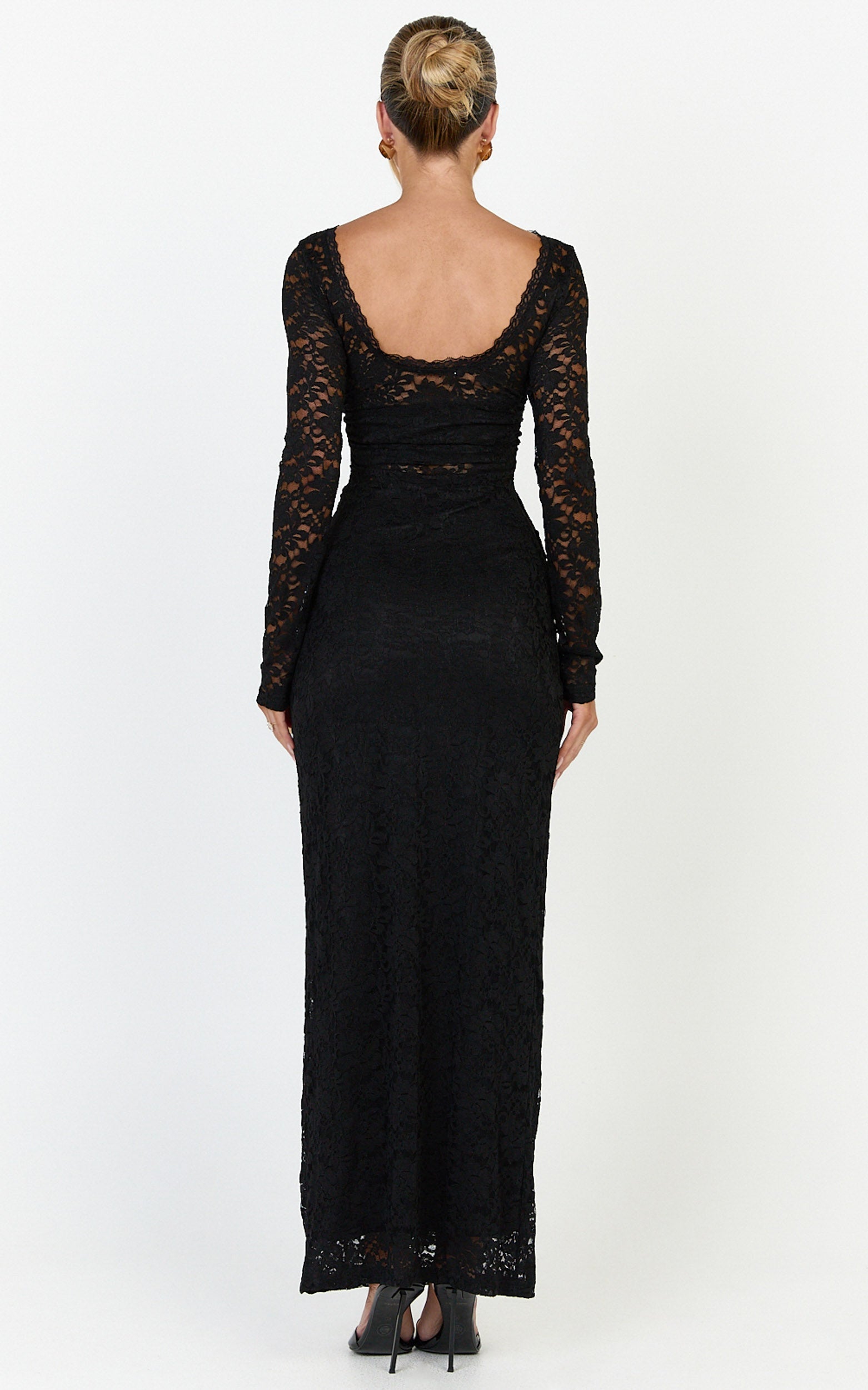 Skye Maxi Dress - Lace Long Sleeve Draped Waist Dress in Black