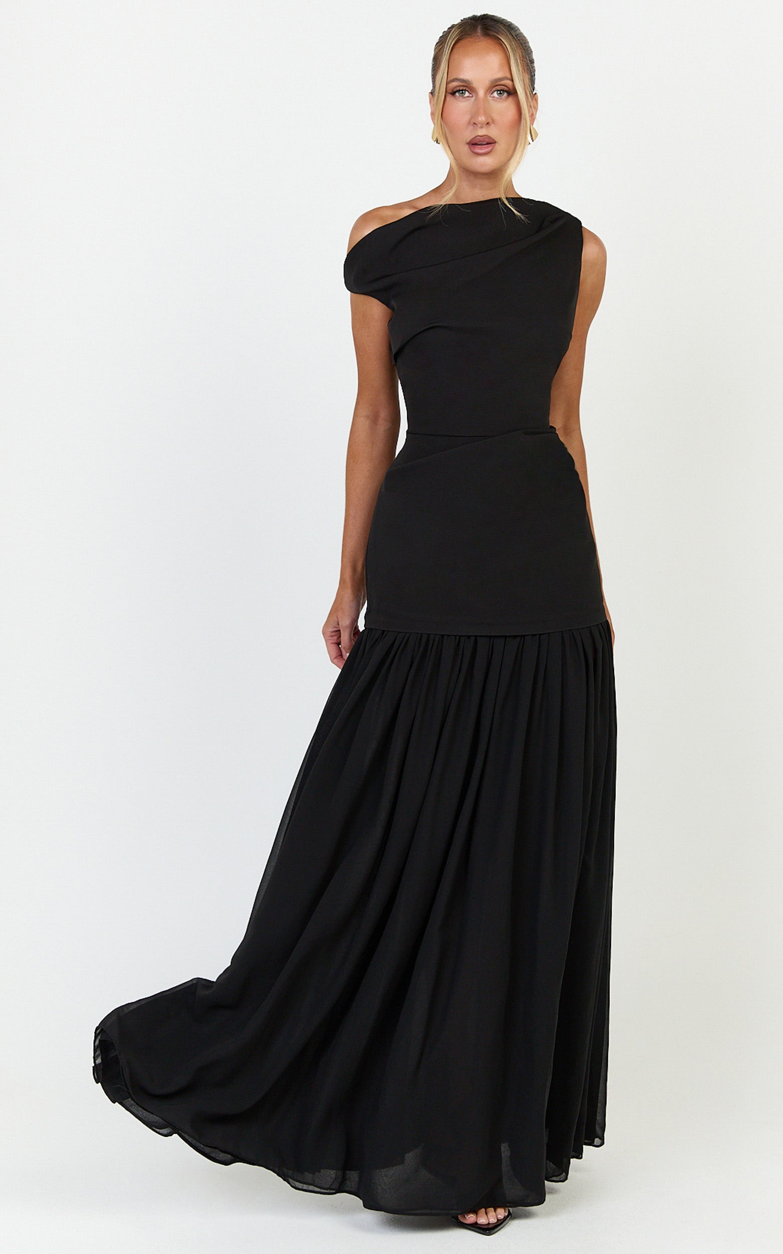Azure Maxi Dress - Tipped Shoulder Dress With Tuck Detail and Leg Split in Black