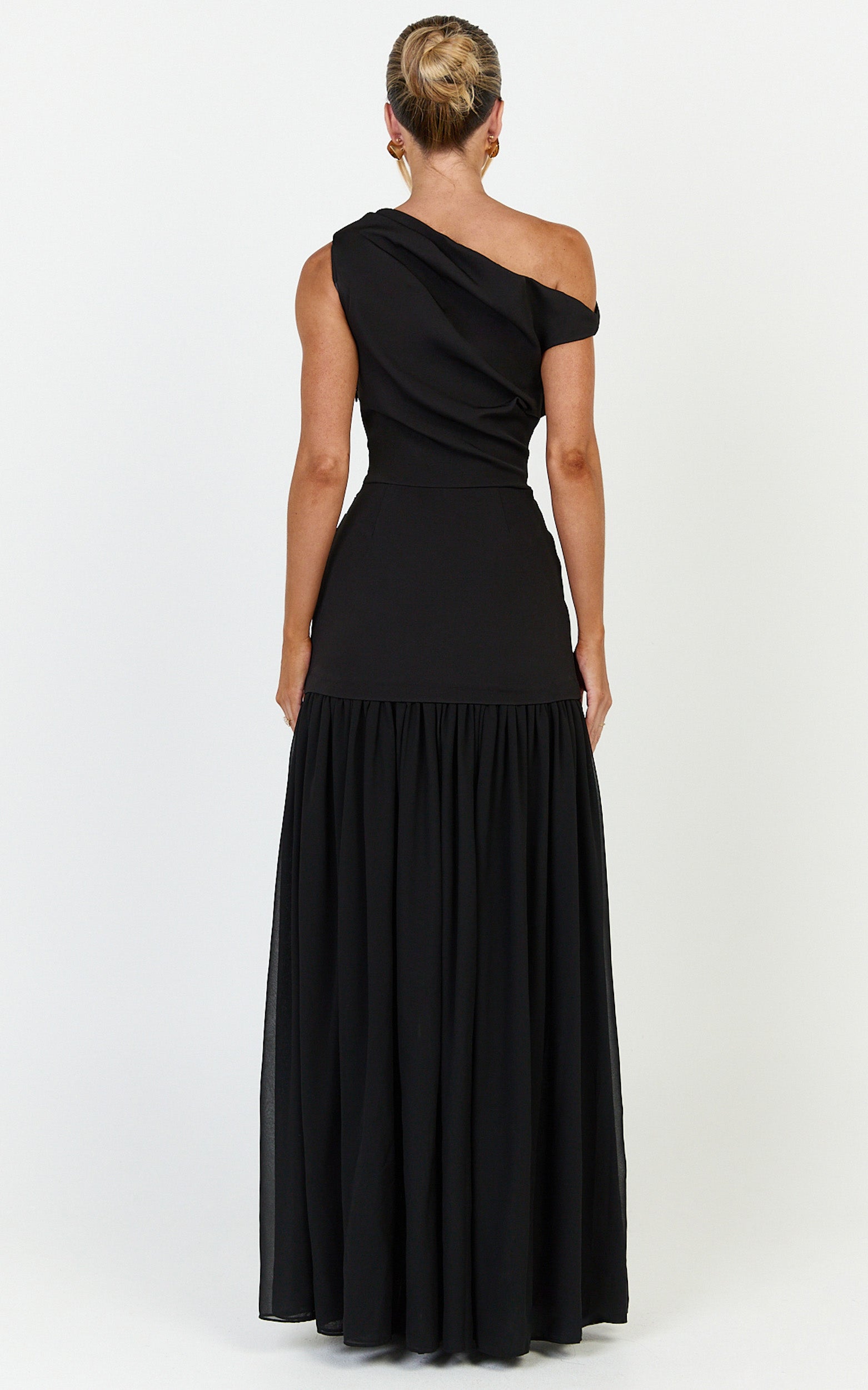 Azure Maxi Dress - Tipped Shoulder Dress With Tuck Detail and Leg Split in Black