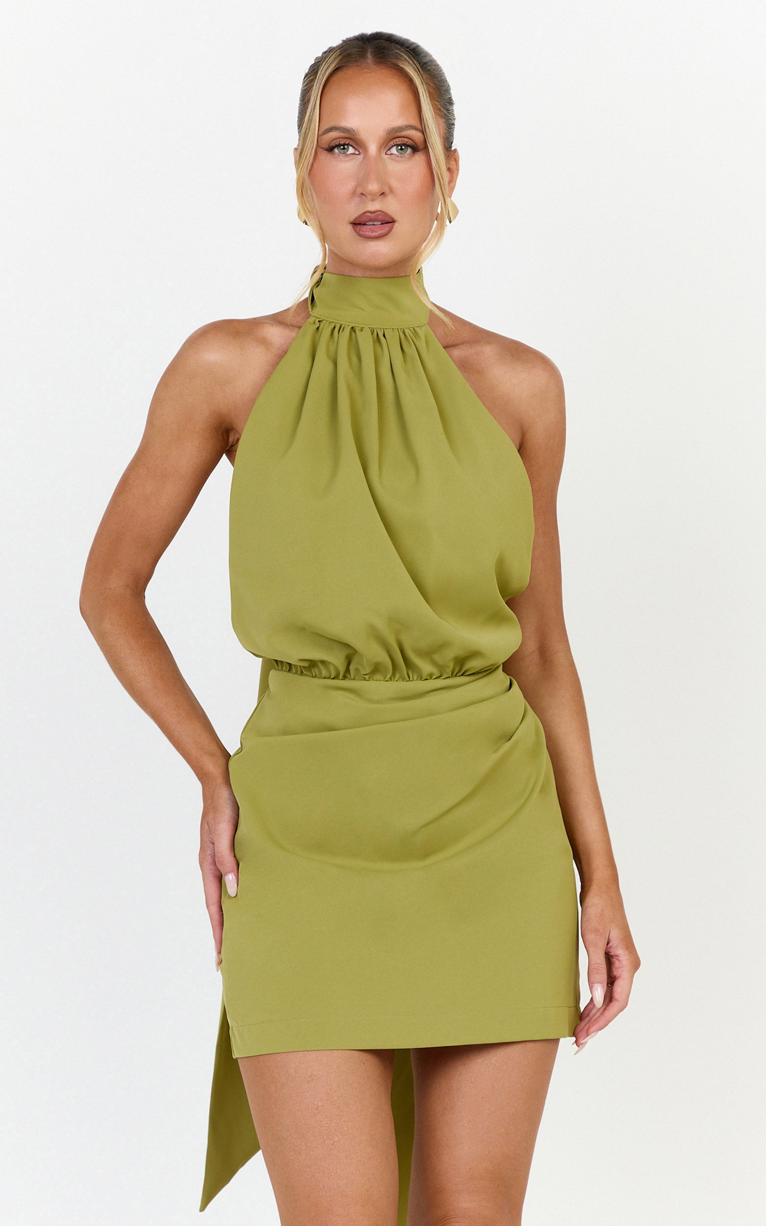Dune Mini Dress - Backless High Neck Halter Dress in Olive