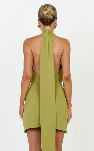 Dune Mini Dress - Backless High Neck Halter Dress in Olive