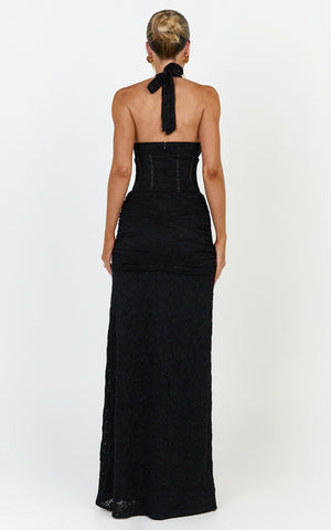 Lacey Maxi Dress - Lace Corset Style Bodice Halter Dress in Black