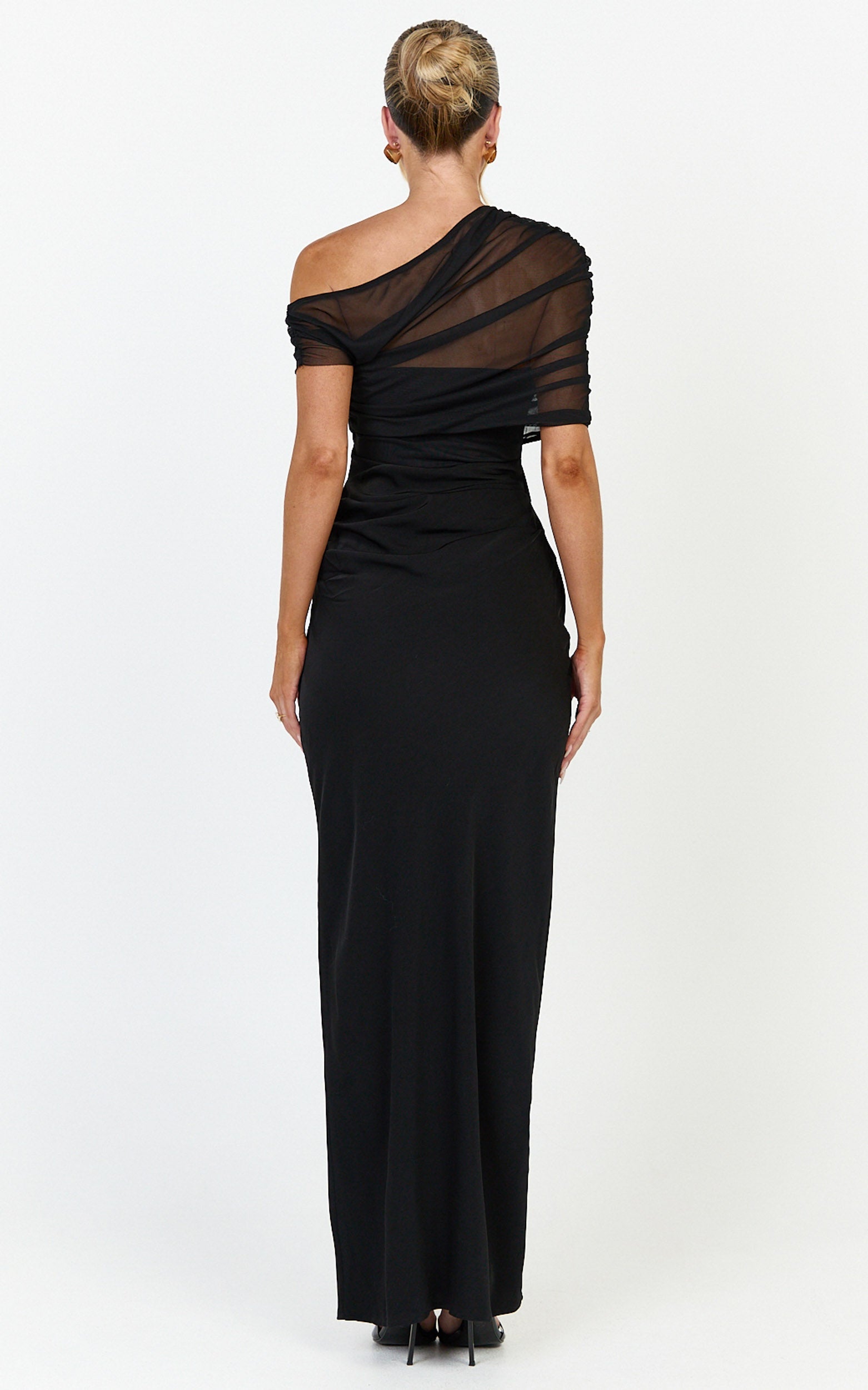 Nami Maxi Dress - Overlay Off Shoulder Draped Cowl Waist Dress in Black