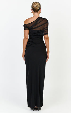 Nami Maxi Dress - Overlay Off Shoulder Draped Cowl Waist Dress in Black