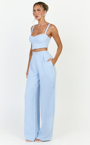 Sylvia Two Piece Set - Corset Top and High Waisted Wide Leg Pants Set in Blue