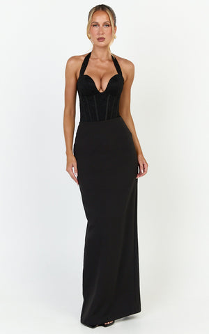 Malia Bodysuit - Lace Corset Halter Bodysuit in Black