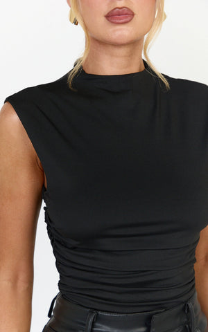 Olive Top - High Neck Sleeveless Side Ruched Top in Black