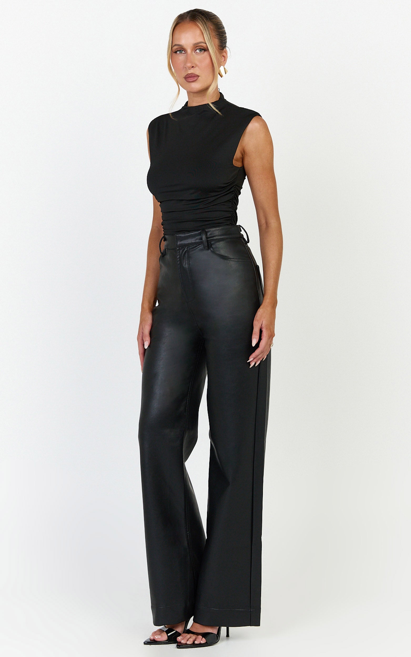 Olive Top - High Neck Sleeveless Side Ruched Top in Black